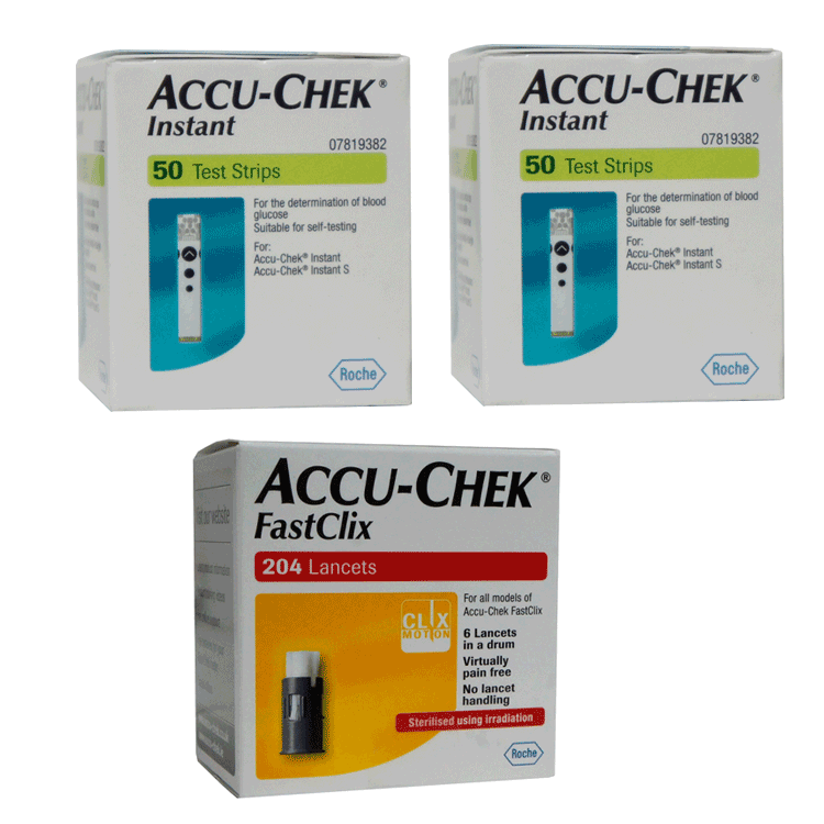 AccuChek Instant Test Strips 2 x 50 + FastClix x 204 Lancets