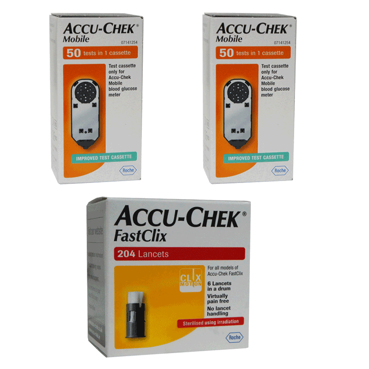 AccuChek Mobile Test Strips 2 x 50 + FastClix x 204 Lancets