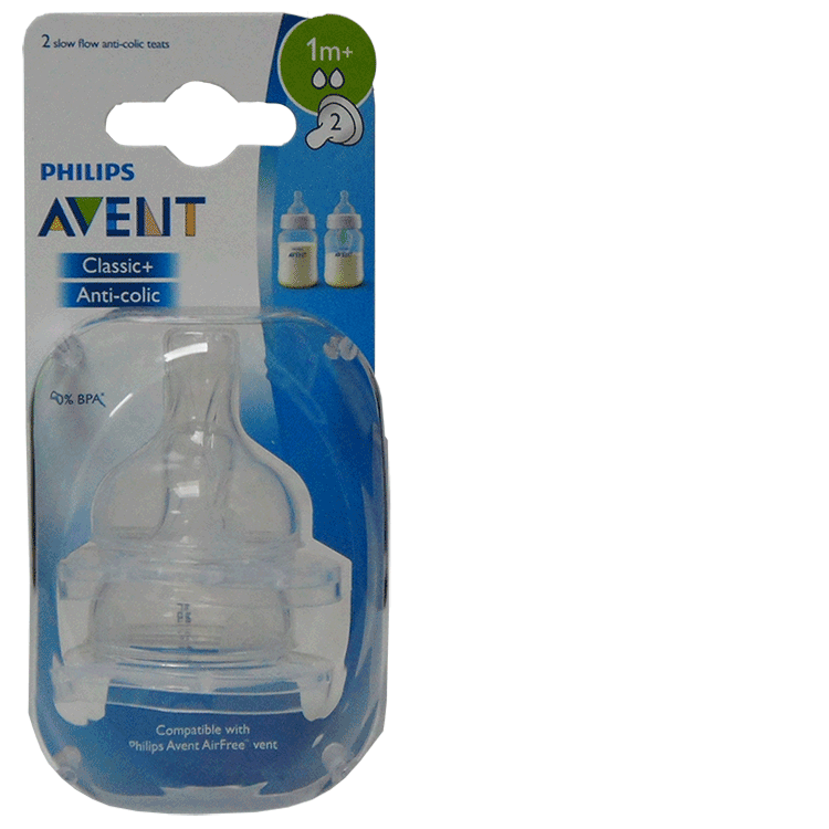 Avent Slow Flow Anti-Colic Teats x 2  - For babies 1 month +